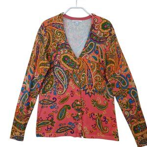 Isaac Mizrahi Live Cardigan Paisley Print V Neck Button Front Sweater Size Small